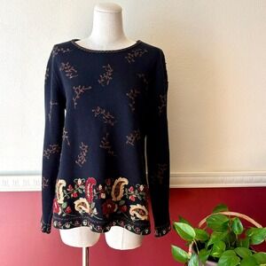 Vintage Talbots Black Embroidered Paisley Ramie Cotton Sweater S Artsy Fall 90s